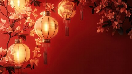 Traditional golden lanterns with tassels surrounded by delicate blossoms on a rich red background, evoking the elegance and festivity of Chinese New Year celebrations.