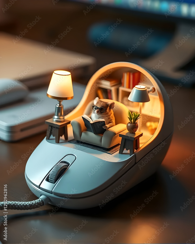 Aufkleber a dog with a book sitting on a computer mouse. 3d rendering.