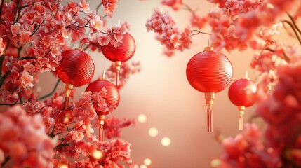 Vibrant red lanterns hanging among delicate cherry blossoms on a warm gradient background, embodying the festive and cultural beauty of Chinese New Year celebrations.
