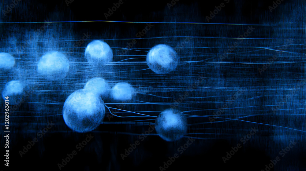 Poster Abstract Blue Spheres and Lines Intersect on a Dark Textured Background with Dynamic Lighting