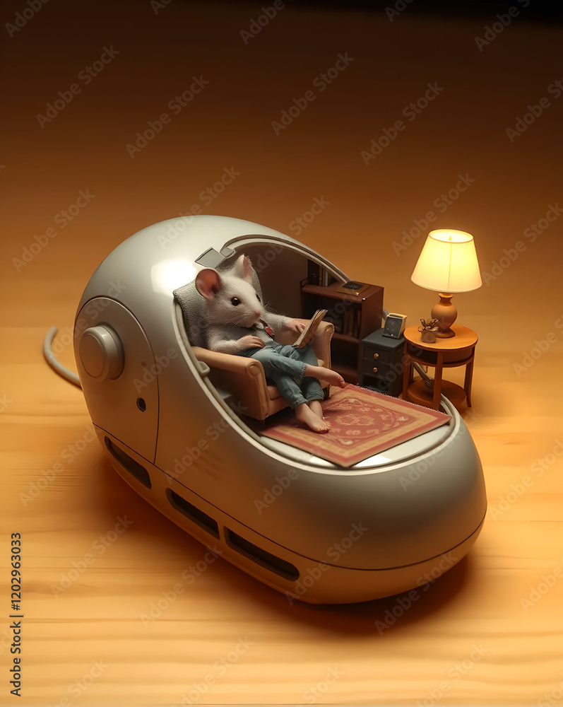 Aufkleber mouse in the room with a book and a lamp. 3d rendering