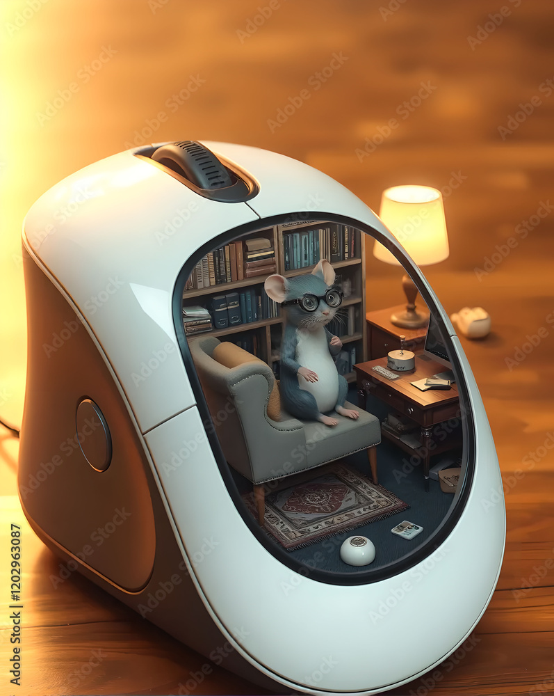 Aufkleber 3d rendering of a computer mouse in a room with a bookcase