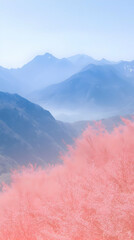 Pink Grass Field Stretches Out Before Misty Blue Mountains Under Clear Sky