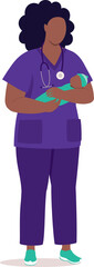 Fototapeta premium Plus Size Black Female Paediatrician Nurse With Stethoscope And Medical Scrubs Standing And Holding A Newborn Baby.