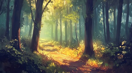 Obraz premium Sunlit Path Through A Mystical Forest Scene