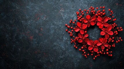 Red floral wreath on dark textured background with copy space