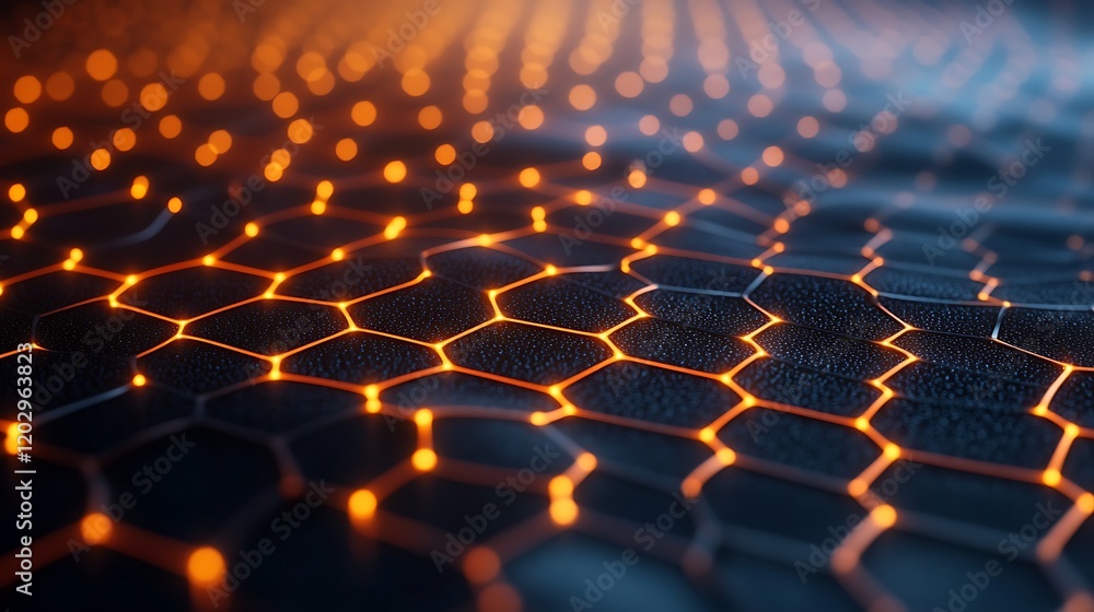 Poster a hexagonal grid pattern with glowing orange edges on a dark background. abstract digital technology