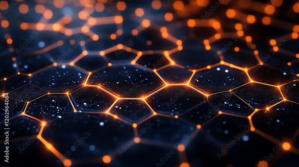 Poster a hexagonal grid pattern with glowing orange edges on a dark background. abstract digital technology