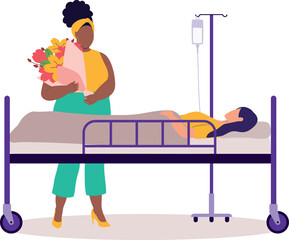 Plus Size Black Woman Holding A Bouquet Of Flower Visiting Her Friend At Hospital Ward.