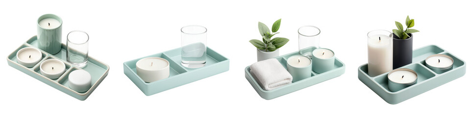A calming and visually appealing tabletop arrangement featuring a tray with various decorative items such as candles a small potted plant and other minimalist accessories