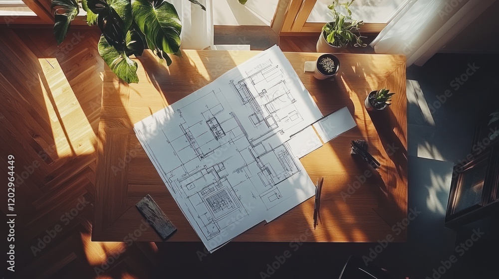 Poster Architectural blueprints displayed on a wooden table in sunlight