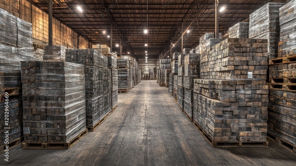 Poster warehouse rows of palletized wooden blocks