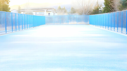 Fototapeta premium Empty Sports Court Surrounded by Blue Fences Creates a Serene Winter Scene with Bare Trees