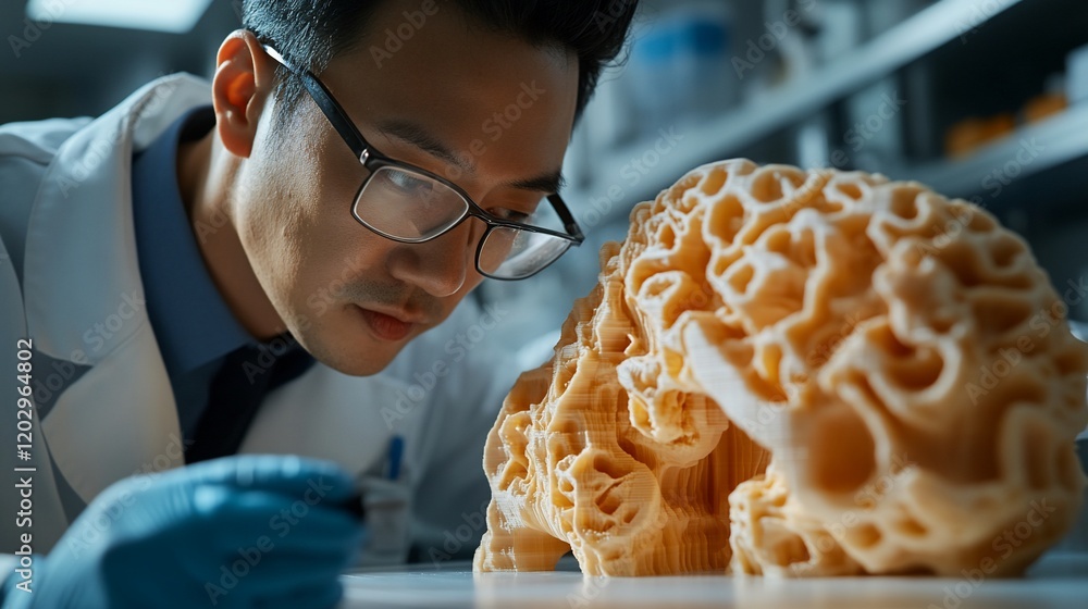 Poster scientist examining brain model in lab