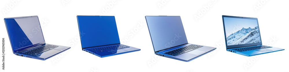 Poster a row of sleek and stylish blue laptop computers of different sizes arranged against a plain backgro