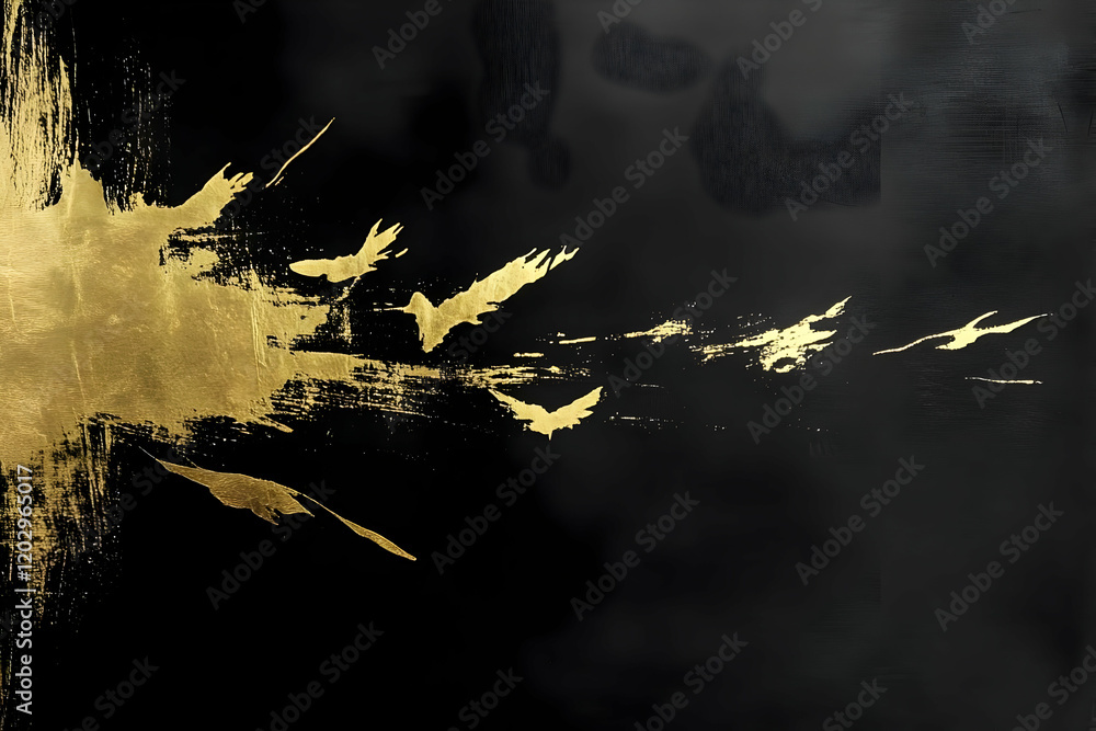 Poster abstract gold splashes paint dynamically on a textured black canvas background boldly