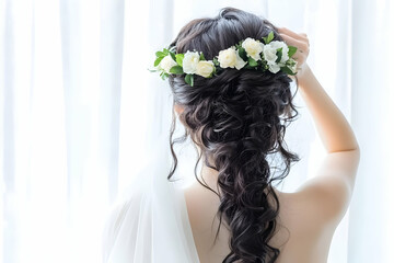 Woman with Floral Headband and Curly Hair Poses Gracefully Near Window with White Curtains