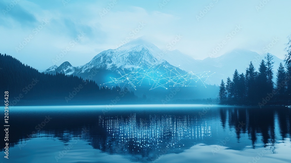 Aufkleber serene mountain lake with digital network overlay
