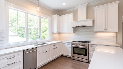 Modern kitchen with white cabinetry and stainless steel appliances.