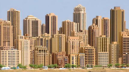 Obraz premium Modern Cityscape Showcases Towers Reaching for a Clear Blue Sky with Diverse Architectural Styles