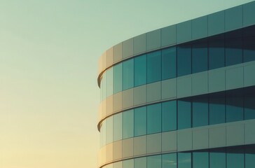 Obraz premium Modern architectural design featuring a curved glass facade reflecting the warm hues of sunset against a clear blue sky, showcasing elegance and sophistication in urban construction.