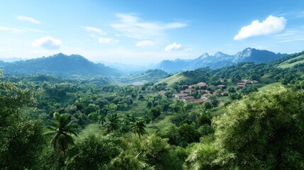Fototapeta premium Mountain Village in Lush Green Valley