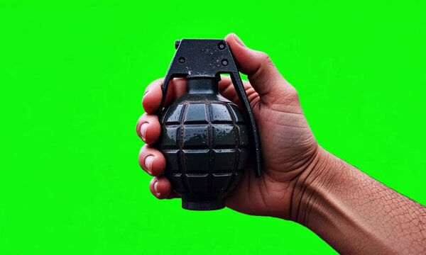 a hand holding a grenade on green screen