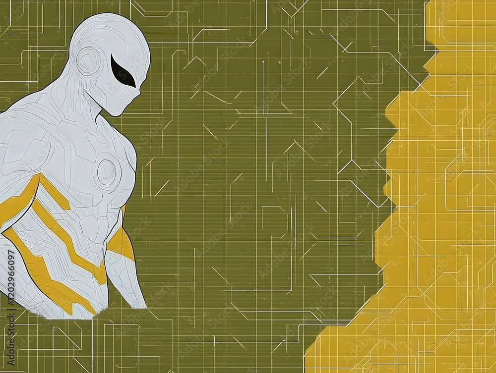 Poster white and gold robot stands before circuit board background gently in a futuristic setting