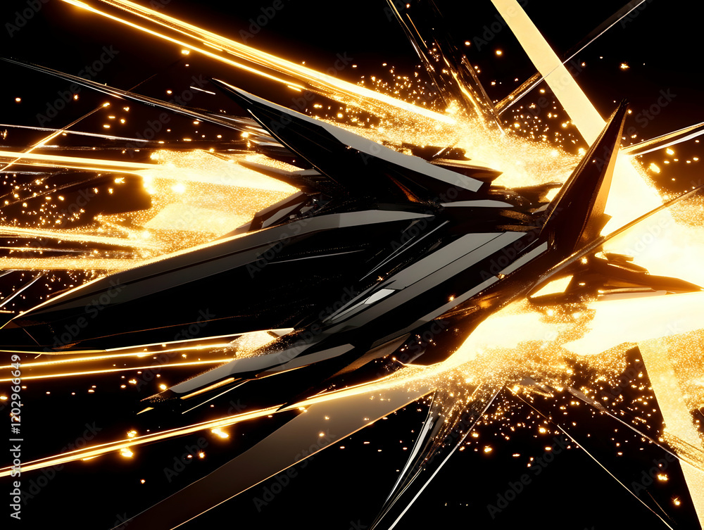 Poster 3d abstract black crystal structure explodes with golden particles dynamically on black background