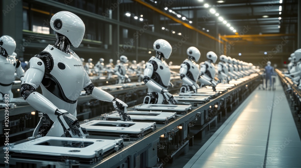 Poster Robots Assemble Products On A Factory Assembly Line