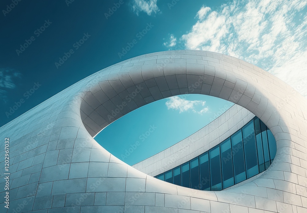 Poster Modern Architectural Design Featuring a Unique Curved Structure and Clear Blue Sky That Highlights Artistic Elements and Innovative Engineering Solutions