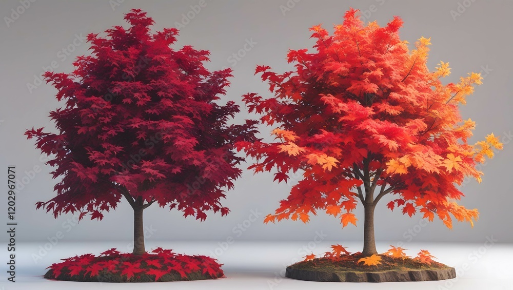 Aufkleber two miniature trees with colorful autumn foliage stand side by side on a neutral colored surface dis