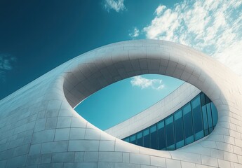 Modern Architectural Design Featuring a Unique Curved Structure and Clear Blue Sky That Highlights Artistic Elements and Innovative Engineering Solutions
