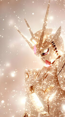 Obraz premium Gold Mecha Robot Stands Majestically Amidst a Shower of Sparkling Particles