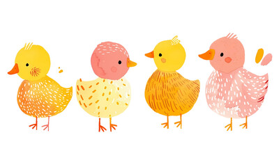 Cute Chicks Line-Up: Four adorable chicks in pastel yellow and pink hues, each with unique textures and expressions, arranged in a charming row.