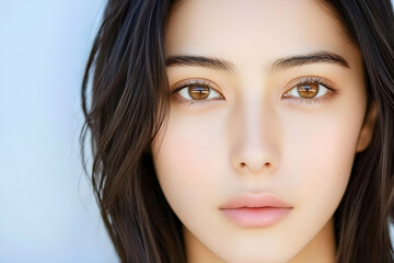 Fototapeta premium Close-up portrait of a woman with clear skin and expressive eyes looking directly at the camera.