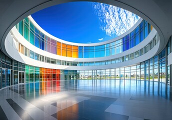 Fototapeta premium Modern Architectural Design Featuring Circular Structure and Colorful Glass Elevating Natural Light in a Spacious Interior Space for Creative Work Environments