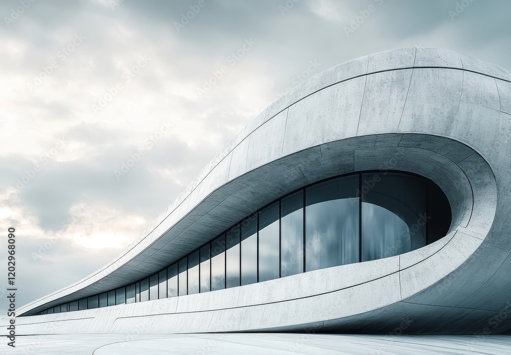 Poster modern architectural design featuring curved concrete structure with large windows set against a dra