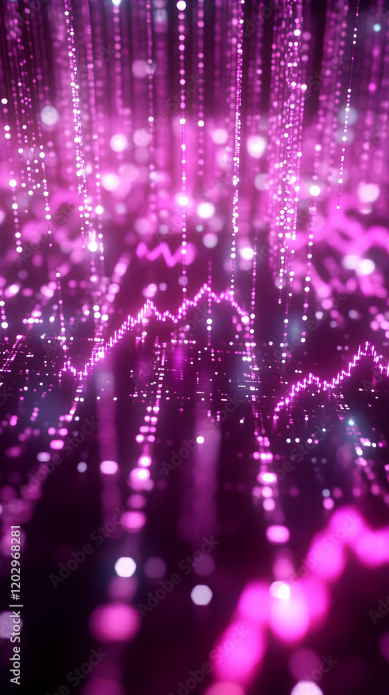 Poster abstract pink background with glowing particles and light trails cascading down
