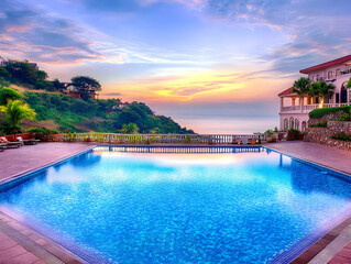 Obraz premium Luxury Infinity Pool Overlooking the Ocean at Sunrise with Vibrant Colors