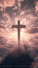 Stone Stairway Leads to a Majestic Cross Amidst Dramatic Clouds at Sunset.