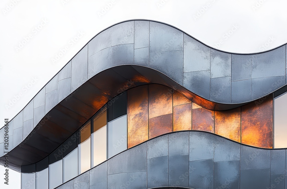 Poster modern architectural design featuring curved metal facade with unique textures and glossy surfaces c