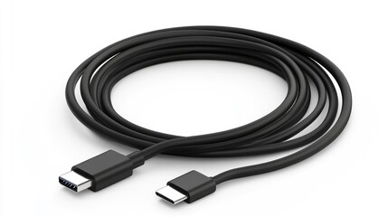 USB-C to USB cable, coiled, white background, tech