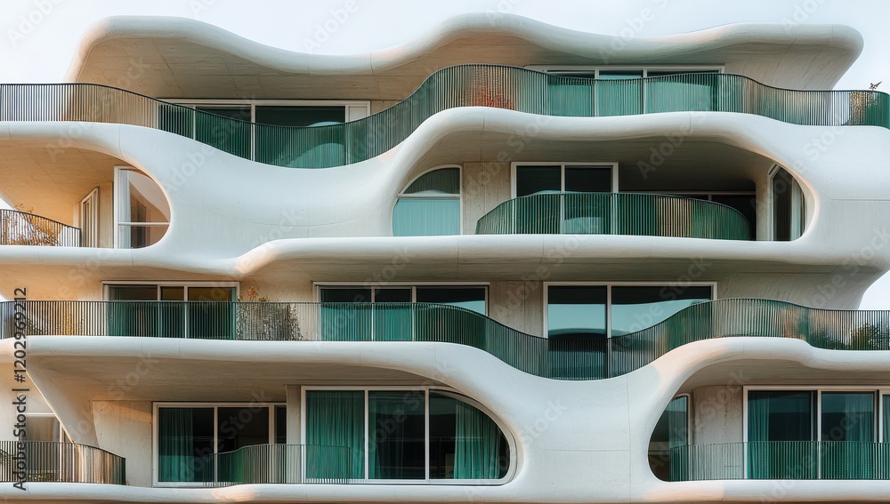 Poster modern architectural design featuring flowing curves and organic forms, showcasing a unique facade w