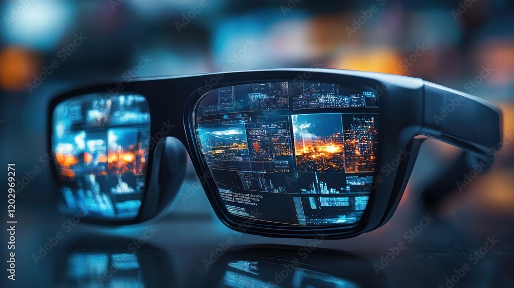 Poster futuristic sunglasses displaying cityscape data streams