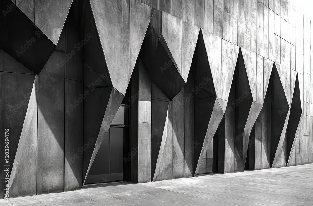 Poster modern architectural design featuring geometric patterns and sharp angles in black and white, showca