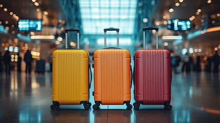 Three colorful suitcases lined up in an airport, symbolizing travel and adventure.