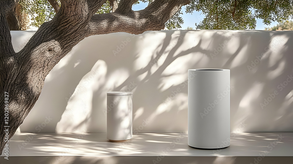 Poster two white cylindrical objects stand on a platform beneath a tree casting shadows on a wall