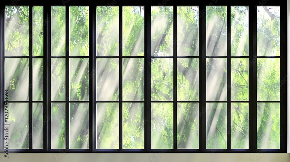 Poster sunlight streams through a large window overlooking lush green trees, creating a serene atmosphere.