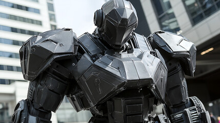 Naklejka premium City robot suit, urban event, background buildings, futuristic display